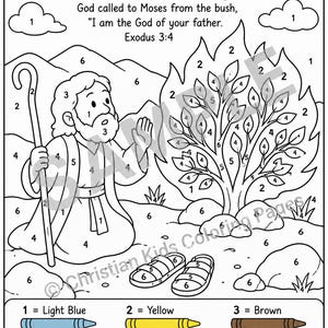May include: Black and white coloring page titled "Moses and the Burning Bush" with text from Exodus 3:4. The image depicts Moses, a burning bush, and color key with crayons. A fun activity for kids.
