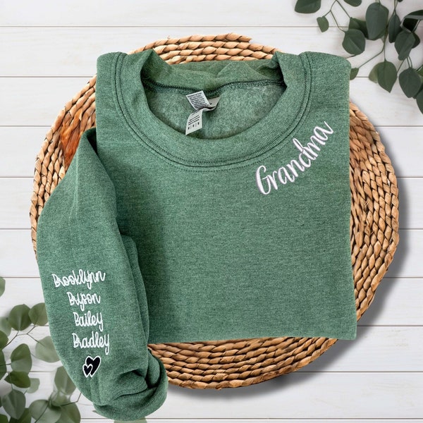 Custom Embroidered Grandma Sweatshirt with Grandkids Name on Sleeve, Embroidery Minimalist Momma Mama Sweatshirt or Any Text on Collar(Neck)