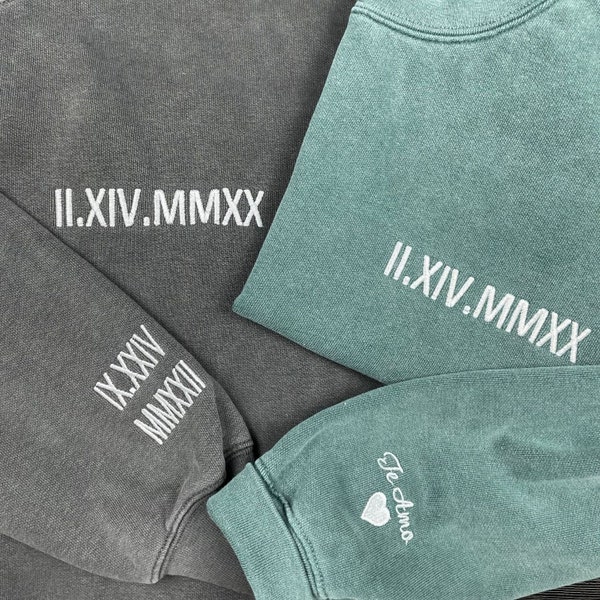 Comfort Colors® Custom Embroidered Roman Numeral Sweatshirt, Embroidered Roman Numeral Date + Initials on Sleeves, Birthday Gift for Him Her