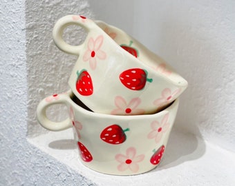 Cute Mug Strawberry Mug Handmade Ceramic Mug, kawaii Mug Flower Coffee Mug, 21st Birthday Gift for Her, Graduation Gift for Best Friend