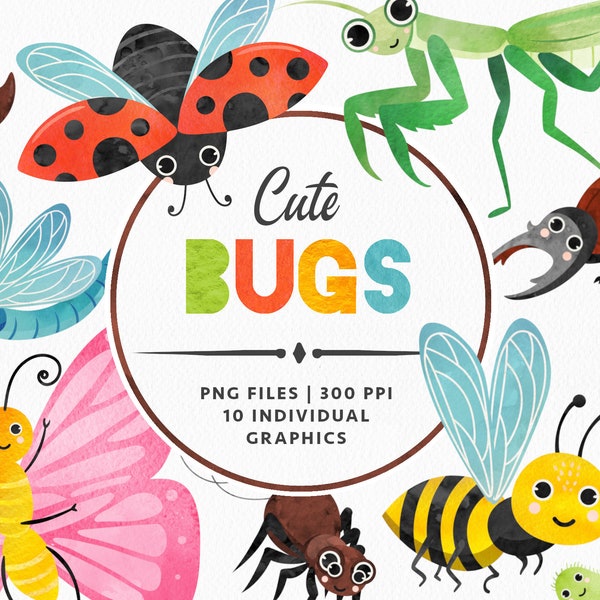 Cute Bugs Clipart | Watercolor Effect Illustrations | Insect Themed Graphics Set | Bee Ladybug Butterfly Beetle Digital Download | PNG Files