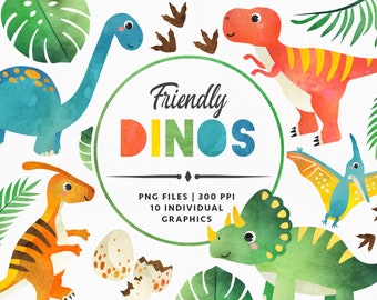 Dinosaur Clipart | Watercolor Effect Illustrations | Colorful Cute Dino Graphics | T-Rex Triceratops Digital Download | Transparent PNG File
