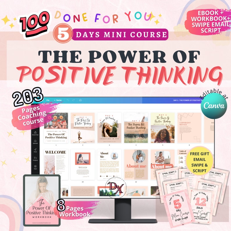 Done for you course,the power of positive thinking ,Life coaching tools,positive thinking workbook,Life coach template,Self improvement,Lead magnet workbook,self confidence book,therapy course,coaching content,Brandable ecourse,self help book