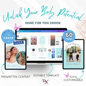 Może przedstawiać: Mockup produktu cyfrowego przedstawiający ebook zatytułowany "Unlock Your Body's Potential" liczący 60 stron. Ebook jest gotowym szablonem, który można edytować w Canva. Ebook zawiera niebiesko-zieloną kolorystykę z obrazami kobiet. Tekst "Unlock Your Body's Potential" jest napisany pogrubioną czcionką w kolorze białym. Tekst "The 7 Keys to Transformation" jest napisany mniejszą czcionką w kolorze białym. Tekst "www.yourwebsite.com" jest napisany mniejszą czcionką w kolorze białym.