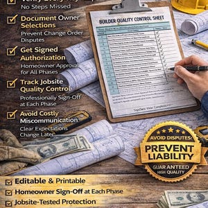 Puede incluir: Imagen que promueve la prevención de disputas de construcción. Presenta una carpeta con una Hoja de Control de Calidad del Constructor, planos, dinero y un casco. El texto incluye "¡Evite las disputas de construcción!" y "Prevenga la responsabilidad."