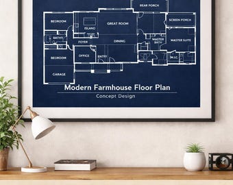 May include: Framed blueprint wall art featuring a Modern Farmhouse floor plan in white on a navy blue background. The print includes room labels such as 'Bedroom', 'Great Room', and 'Dining'. Available in 8x10, 11x14, and 16x20 inch sizes.
