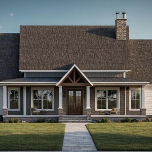 May include: A two-story house with a white exterior and a dark gray roof. The house has a porch with columns and a stone walkway leading to the front door. The sky is blue with fluffy clouds.