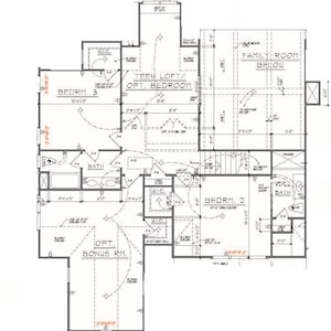 May include: Architectural floor plan with detailed room layouts, including bedrooms, bathrooms, and a bonus room. The plan features dimensions in feet and inches, with labels like "Teen Loft" and "Family Room Below".