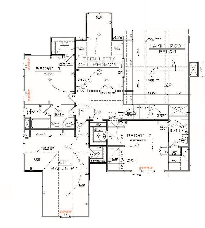 May include: Architectural floor plan with detailed room layouts, including bedrooms, bathrooms, and a bonus room. The plan features dimensions in feet and inches, with labels like "Teen Loft" and "Family Room Below".