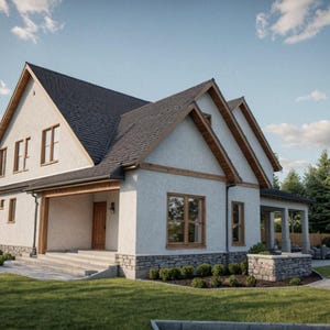 May include: A two-story house with a light stucco exterior, dark gray roof, and wooden trim. The house has multiple windows, a porch, and is surrounded by a green lawn and trees. The sky is blue with scattered clouds.