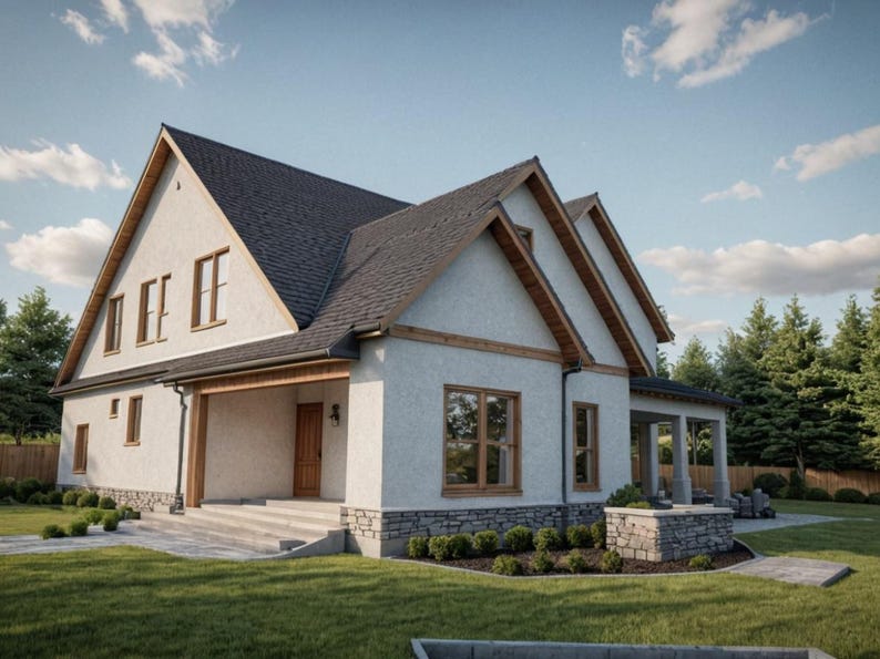 May include: A two-story house with a light stucco exterior, dark gray roof, and wooden trim. The house has multiple windows, a porch, and is surrounded by a green lawn and trees. The sky is blue with scattered clouds.