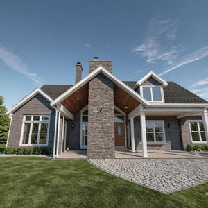 May include: A two-story house with a gray exterior, a stone chimney, and a wooden front door. The house has a dark gray roof and white trim. A paved driveway leads to the entrance, and a green lawn surrounds the house.