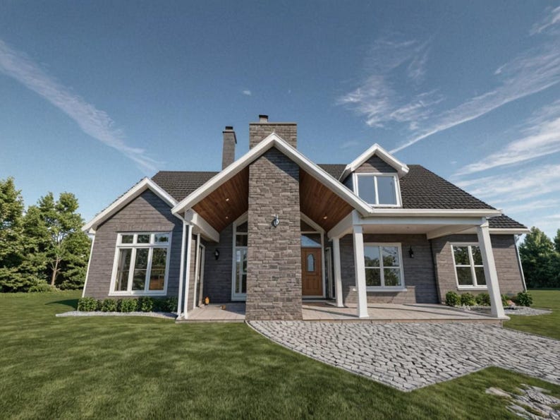 May include: A two-story house with a gray exterior, a stone chimney, and a wooden front door. The house has a dark gray roof and white trim. A paved driveway leads to the entrance, and a green lawn surrounds the house.