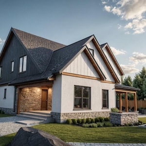 May include: A two-story house with a dark gray roof and white siding. The house has a stone facade on the lower level and a covered porch. The yard is green with trees and a stone walkway.