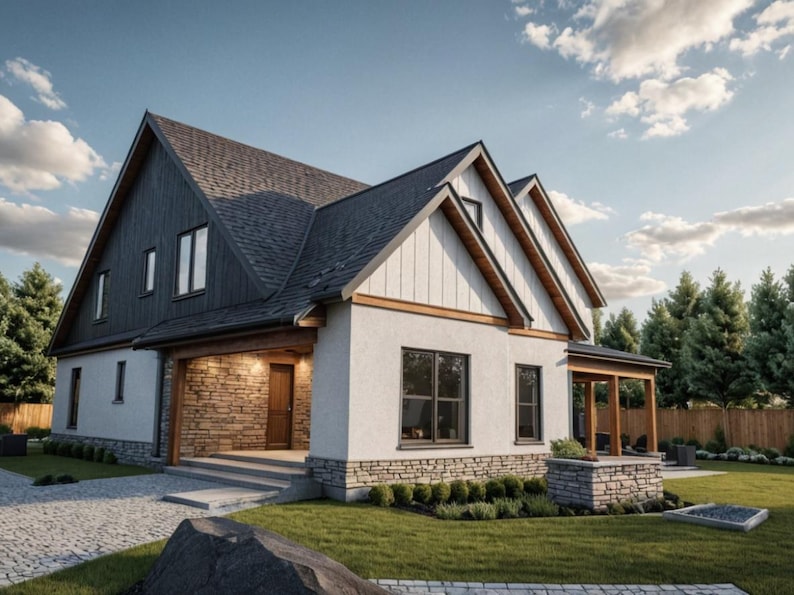 May include: A two-story house with a dark gray roof and white siding. The house has a stone facade on the lower level and a covered porch. The yard is green with trees and a stone walkway.
