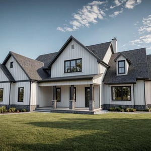May include: Exterior view of a modern farmhouse with white siding, black trim, and a dark gray roof. The house features multiple gables, large windows, and a covered porch. A well-manicured lawn and landscaping surround the home under a blue sky.