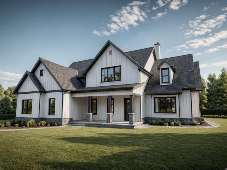 May include: Exterior view of a modern farmhouse with white siding, black trim, and a dark gray roof. The house features multiple gables, large windows, and a covered porch. A well-manicured lawn and landscaping surround the home under a blue sky.