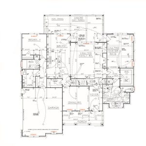 May include: Architectural blueprint of a house, featuring detailed room layouts including a garage, dining room, kitchen, and master suite. The plan includes dimensions in feet and inches, with labels like "BEDRY 4" and "VAULTED FAMILY RM."
