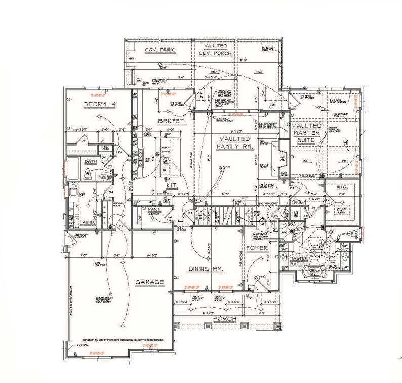 May include: Architectural blueprint of a house, featuring detailed room layouts including a garage, dining room, kitchen, and master suite. The plan includes dimensions in feet and inches, with labels like "BEDRY 4" and "VAULTED FAMILY RM."