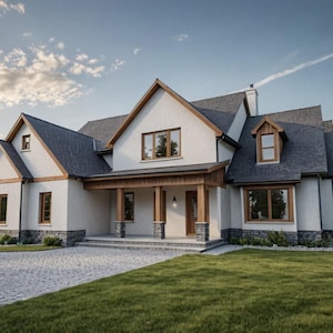May include: Exterior view of a large, two-story house with a white stucco facade and a dark gray shingle roof. The house features wooden trim, multiple windows, and a covered porch with stone accents. A paved driveway and green lawn lead up to the house.