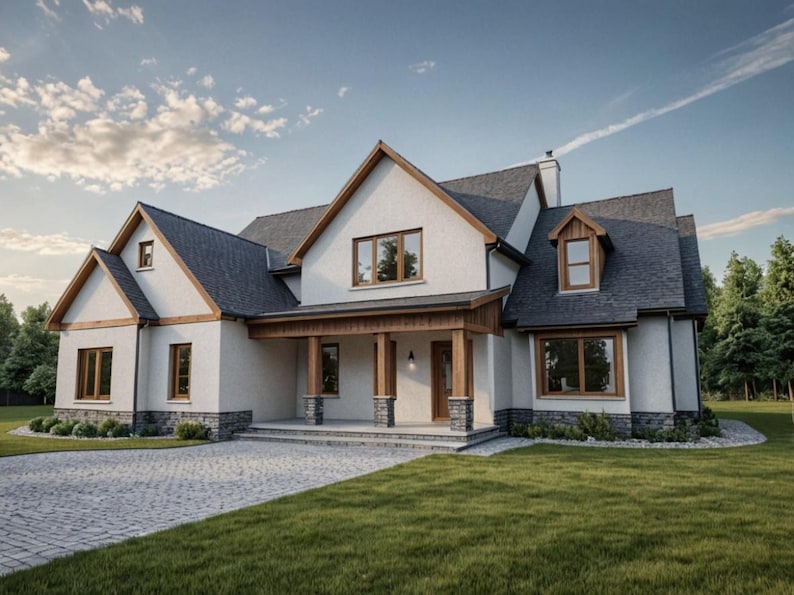 May include: Exterior view of a large, two-story house with a white stucco facade and a dark gray shingle roof. The house features wooden trim, multiple windows, and a covered porch with stone accents. A paved driveway and green lawn lead up to the house.