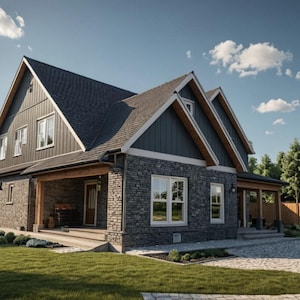 May include: A two-story house with a dark gray roof and stone facade. The house has multiple windows with white frames, a wooden porch, and is surrounded by green grass and trees under a blue sky.