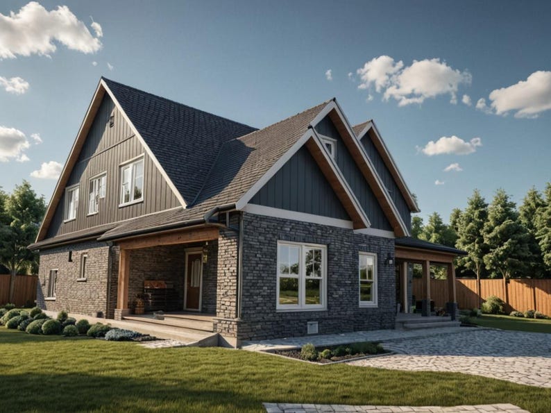 May include: A two-story house with a dark gray roof and stone facade. The house has multiple windows with white frames, a wooden porch, and is surrounded by green grass and trees under a blue sky.