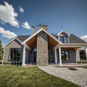 May include: Exterior view of a modern house with gray siding, a stone chimney, and a covered porch. The house has large windows and is set against a blue sky with fluffy white clouds. A paved walkway leads to the front door.