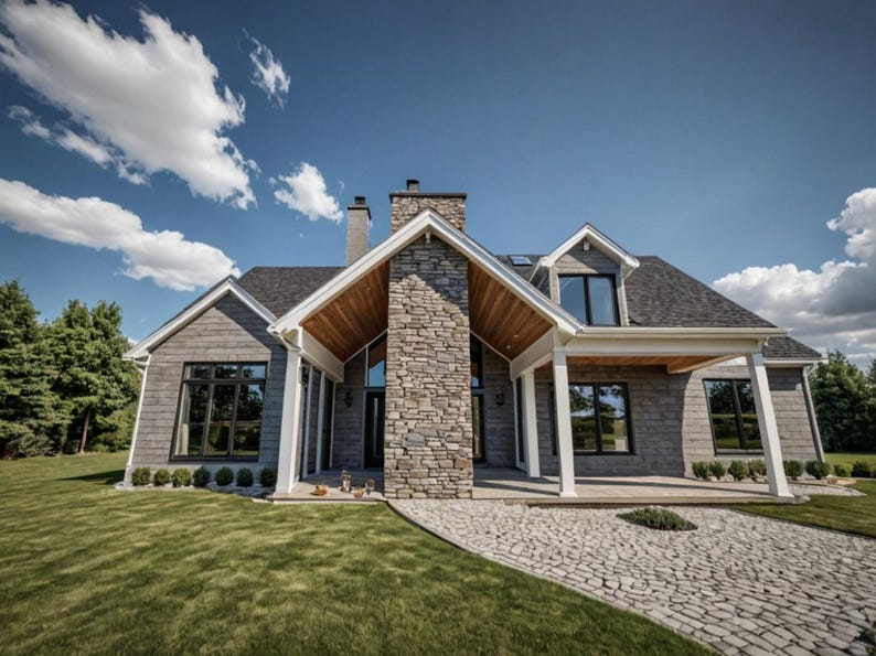 May include: Exterior view of a modern house with gray siding, a stone chimney, and a covered porch. The house has large windows and is set against a blue sky with fluffy white clouds. A paved walkway leads to the front door.