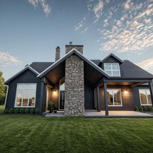 May include: A modern, two-story house with a dark gray exterior, stone chimney, and a covered porch. The house has large windows, a dark gray roof, and is surrounded by a well-manicured green lawn under a partly cloudy sky.