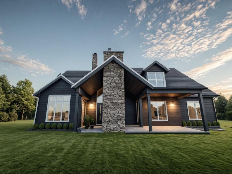 May include: A modern, two-story house with a dark gray exterior, stone chimney, and a covered porch. The house has large windows, a dark gray roof, and is surrounded by a well-manicured green lawn under a partly cloudy sky.
