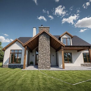 May include: A modern two-story house with a stone chimney and a dark roof. The house has large windows and a covered porch with wooden beams. The exterior is painted white, and the house is surrounded by a green lawn under a blue sky.