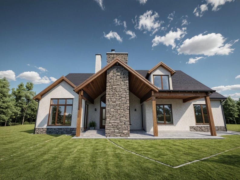 May include: A modern two-story house with a stone chimney and a dark roof. The house has large windows and a covered porch with wooden beams. The exterior is painted white, and the house is surrounded by a green lawn under a blue sky.