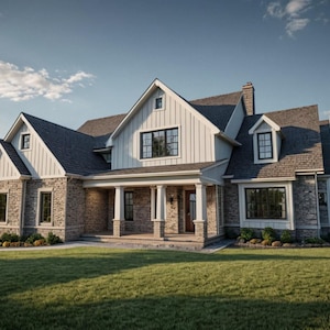 May include: A two-story house with a stone and white exterior, featuring a covered porch with columns and multiple windows. The house has a dark gray roof and is surrounded by a green lawn and trees under a blue sky.