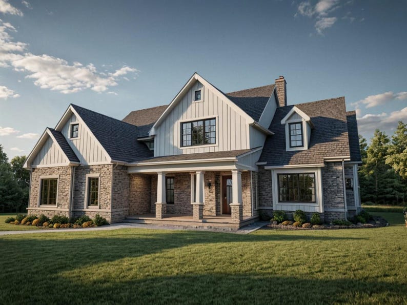 May include: A two-story house with a stone and white exterior, featuring a covered porch with columns and multiple windows. The house has a dark gray roof and is surrounded by a green lawn and trees under a blue sky.