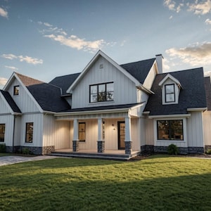 May include: A two-story white farmhouse with a black roof, black window frames, and a covered porch. The house has a well-manicured lawn and a paved walkway leading to the front door. The sky is blue with some clouds.