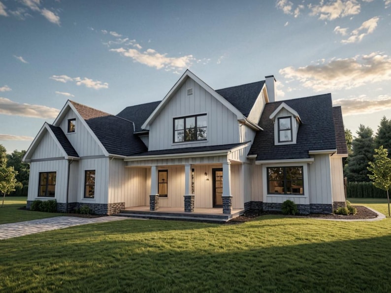 May include: A two-story white farmhouse with a black roof, black window frames, and a covered porch. The house has a well-manicured lawn and a paved walkway leading to the front door. The sky is blue with some clouds.
