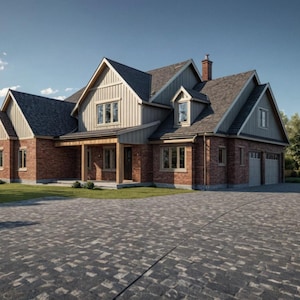 May include: A two-story brick house with a gray roof and a paved driveway. The house has multiple windows, a covered porch, and a two-car garage. The exterior features a combination of brick, wood, and siding.
