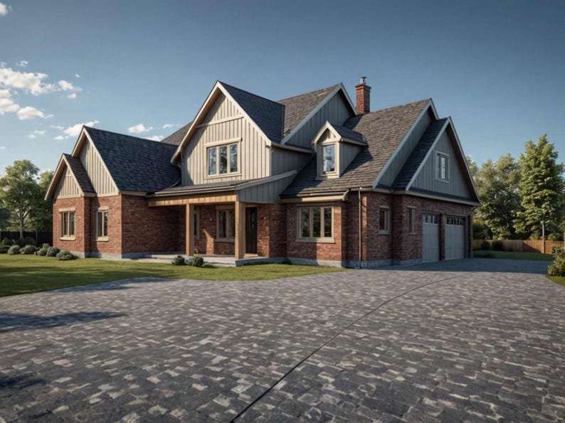 May include: A two-story brick house with a gray roof and a paved driveway. The house has multiple windows, a covered porch, and a two-car garage. The exterior features a combination of brick, wood, and siding.