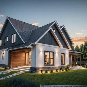 May include: A modern two-story house with a dark gray roof and white siding. The house features large windows, a wooden front door, and a stone accent wall. The exterior is illuminated by outdoor lighting, and the house is surrounded by a green lawn and trees.