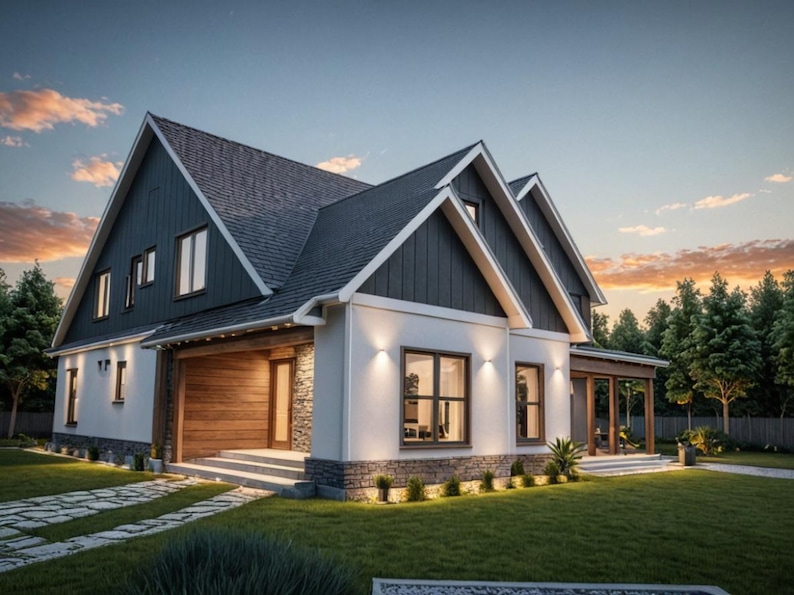 May include: A modern two-story house with a dark gray roof and white siding. The house features large windows, a wooden front door, and a stone accent wall. The exterior is illuminated by outdoor lighting, and the house is surrounded by a green lawn and trees.