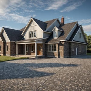 May include: A two-story house with a gray roof, brick and light-colored siding, and a stone driveway. The house has multiple windows, a covered porch, and a chimney. Trees and a blue sky are in the background.