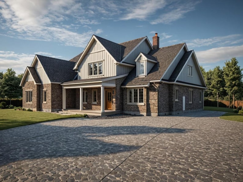 May include: A two-story house with a gray roof, brick and light-colored siding, and a stone driveway. The house has multiple windows, a covered porch, and a chimney. Trees and a blue sky are in the background.