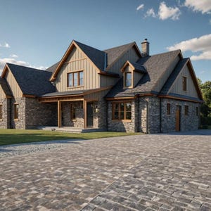 May include: Exterior view of a large, two-story house with a stone facade and a dark gray roof. The house has multiple gables, dormers, and wooden trim. A paved driveway leads up to the house, and a green lawn surrounds it. The sky is blue with some clouds.