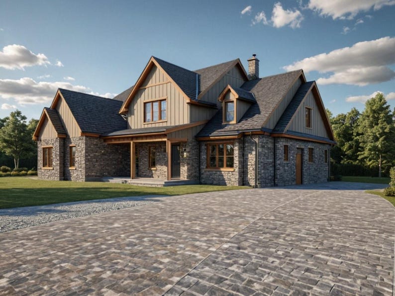 May include: Exterior view of a large, two-story house with a stone facade and a dark gray roof. The house has multiple gables, dormers, and wooden trim. A paved driveway leads up to the house, and a green lawn surrounds it. The sky is blue with some clouds.