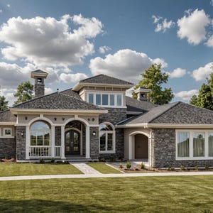 May include: A large, multi-story house with a stone facade, gray roof, and arched windows. The house has a well-manicured lawn and a blue sky with fluffy clouds in the background.