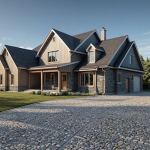 May include: A two-story house with a stone and wood exterior, featuring a dark gray roof and a cobblestone driveway. The house has multiple windows and a covered porch, set against a backdrop of green grass and trees.