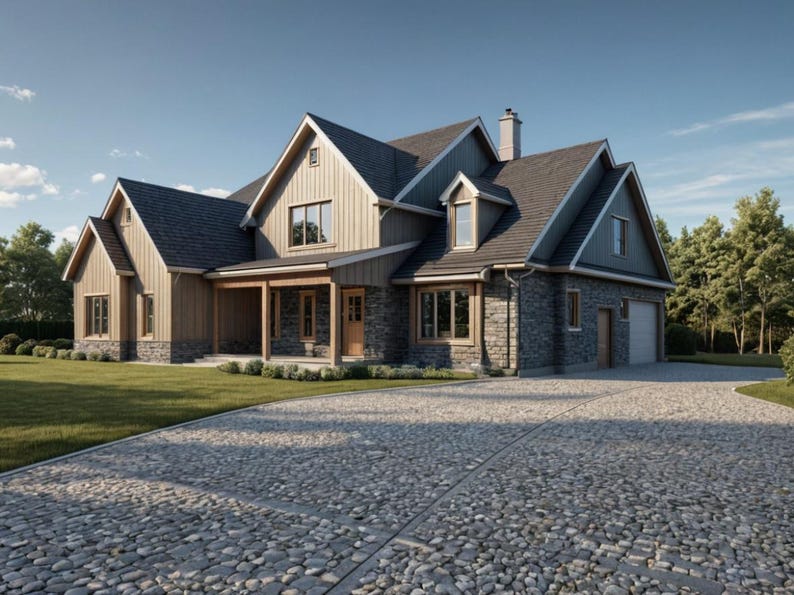 May include: A two-story house with a stone and wood exterior, featuring a dark gray roof and a cobblestone driveway. The house has multiple windows and a covered porch, set against a backdrop of green grass and trees.