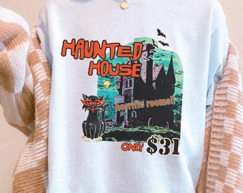Spooky Halloween T-Shirt: Haunted House, Black Cat, Monster Tee