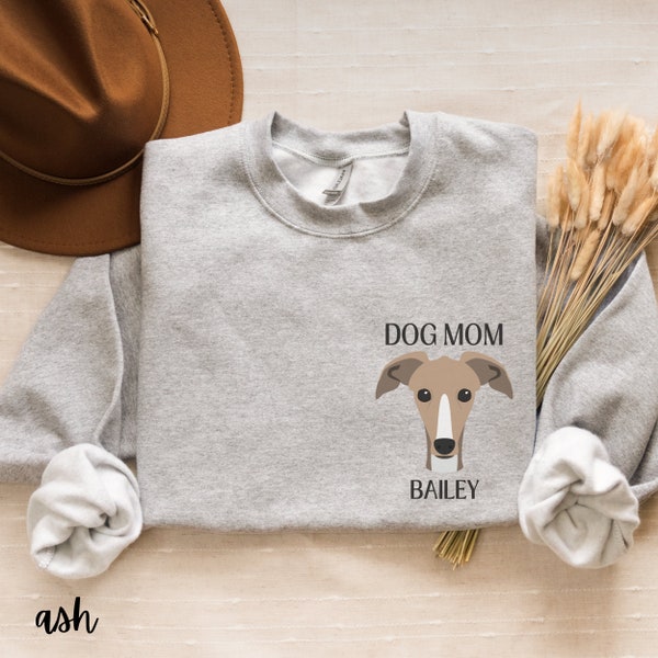 Custom Greyhound Dog Mom Portrait Sweatshirt, Personalized Dog Mom name Sweatshirt, Dog Lover Crewneck Sweatshirt, Dog Owner Christmas Gift